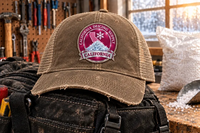California Deicing Supply trucker cap on a tool bag in a workshop