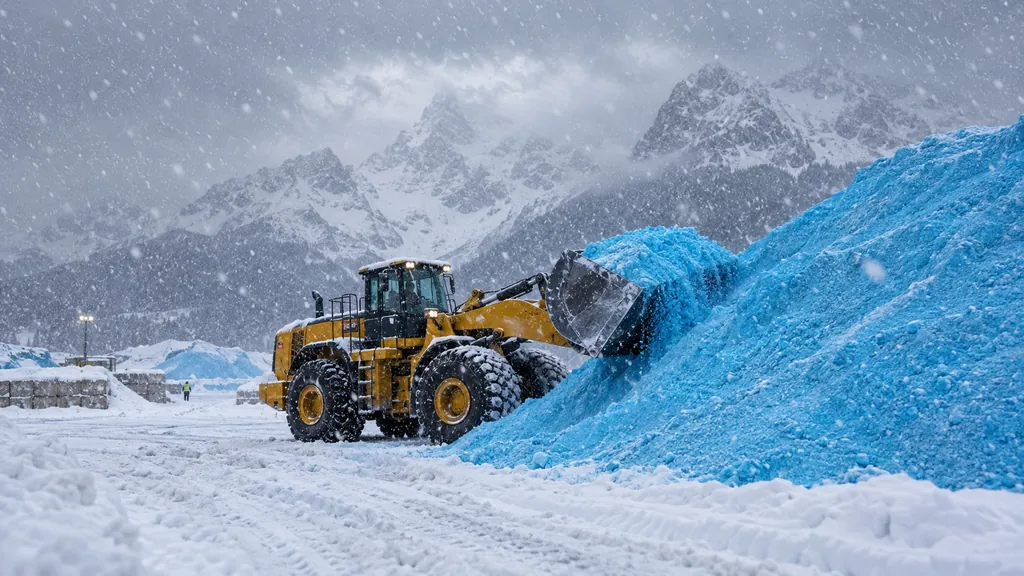 Loader at a blue salt pile in falling snow
