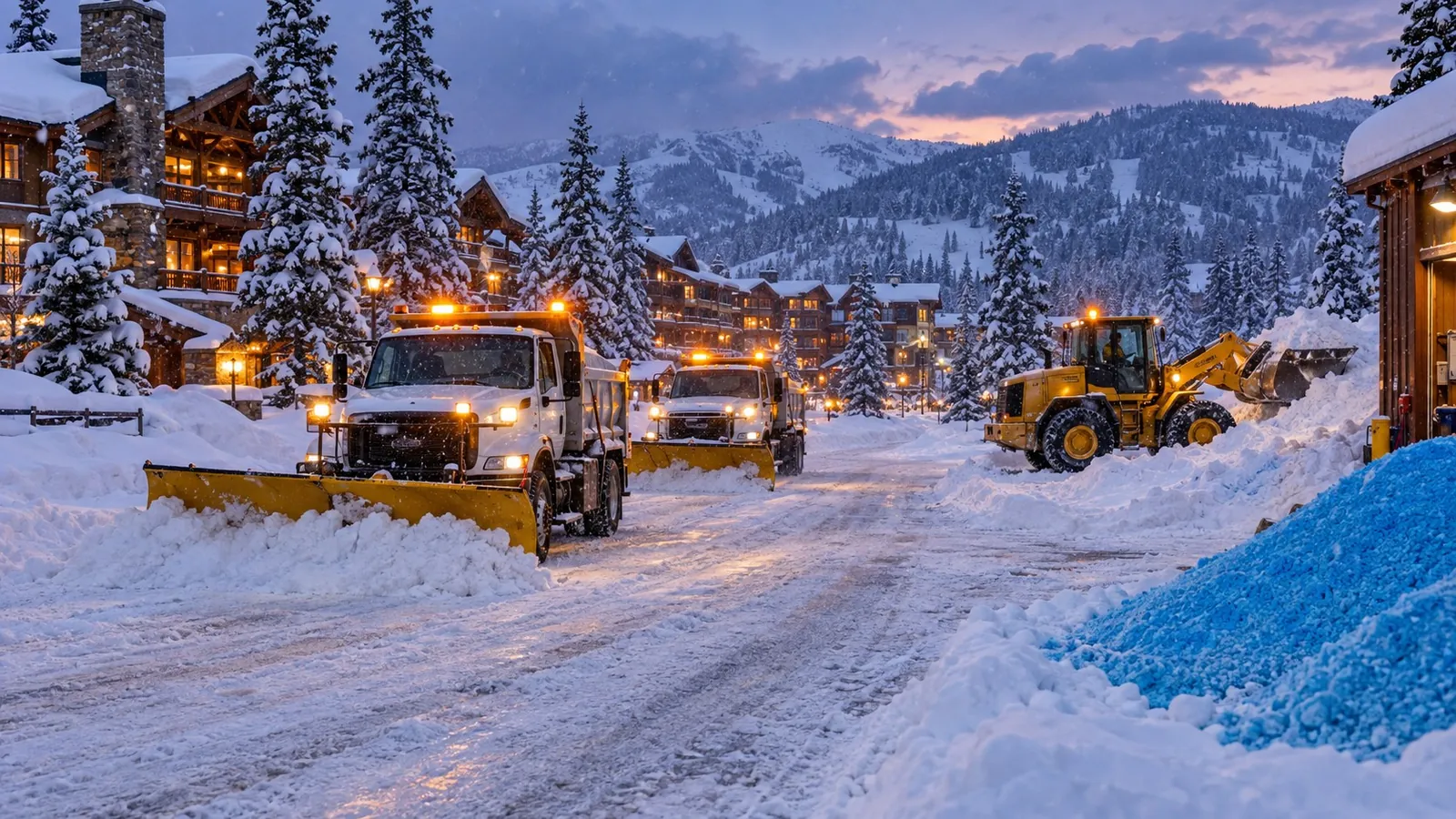 Plow trucks and a loader working a snowy mountain-town street at dusk, lodges and tall pines on both sides
