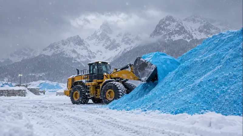 Yellow wheel loader scooping blue treated salt from a big pile below snowy mountains