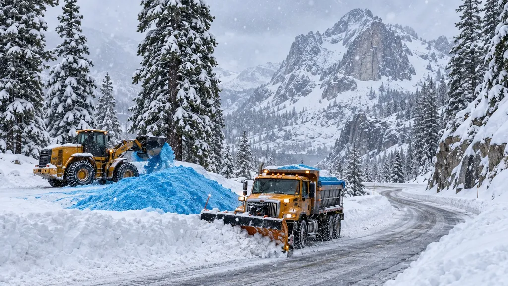 Loader and plow truck working blue treated salt on a snowy mountain road through tall pines and granite peaks